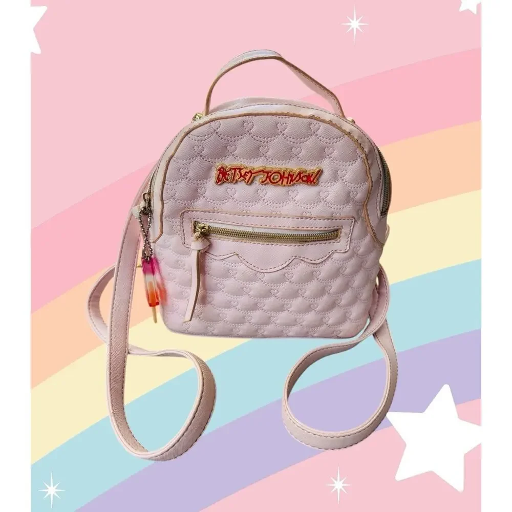 Betsey Johnson Womens Pink Blush Quilted Backpack Zipper Pockets Logo Lined